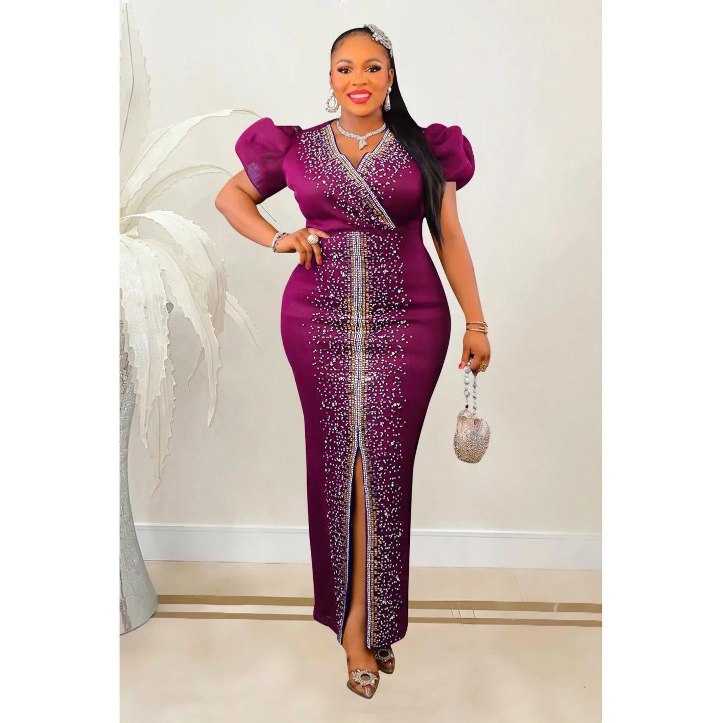 2023 Women Luxury Diamonds Hot Drill Wrap V-neck Puff Short Sleeve Bodycon Midi Maxi Dress Sexy Night Club Birthday Vestidos