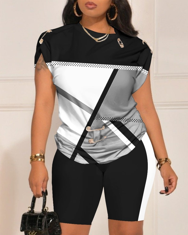 Summer Women New Set Fashion Round Neck Printed Pin Top Shorts Casual Sports Elegant Women Set Two Piece-Top Super Deals-13-S-Free Item Online