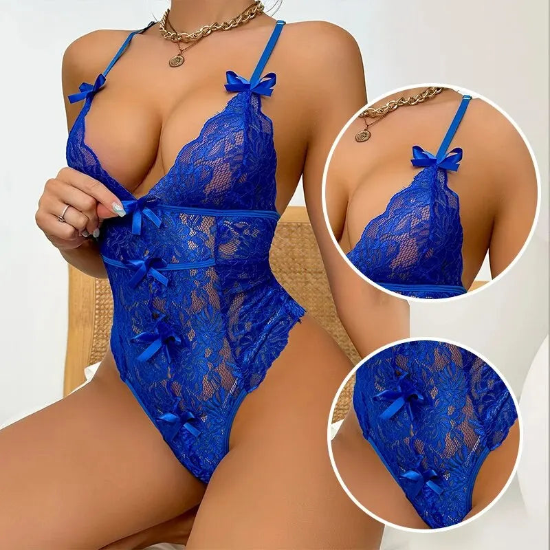 Women's Lace Flower Embroidery Sleeveless Camisole Jumpsuit Women's V-Neck Camisole Bow Decoration Backless Jumpsuit