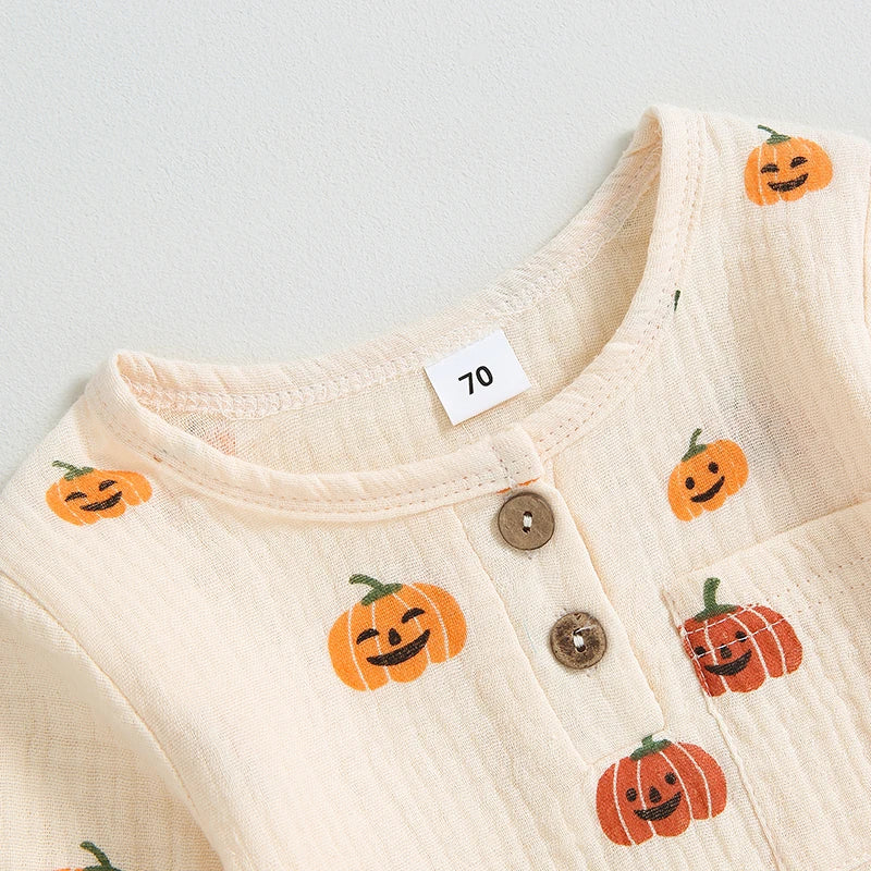 2PCS Toddler Girls Boys Halloween Clothes Cotton Linen Long Sleeve Pumpkin Print Button Tops Drawstring Pants Spring Fall Sets