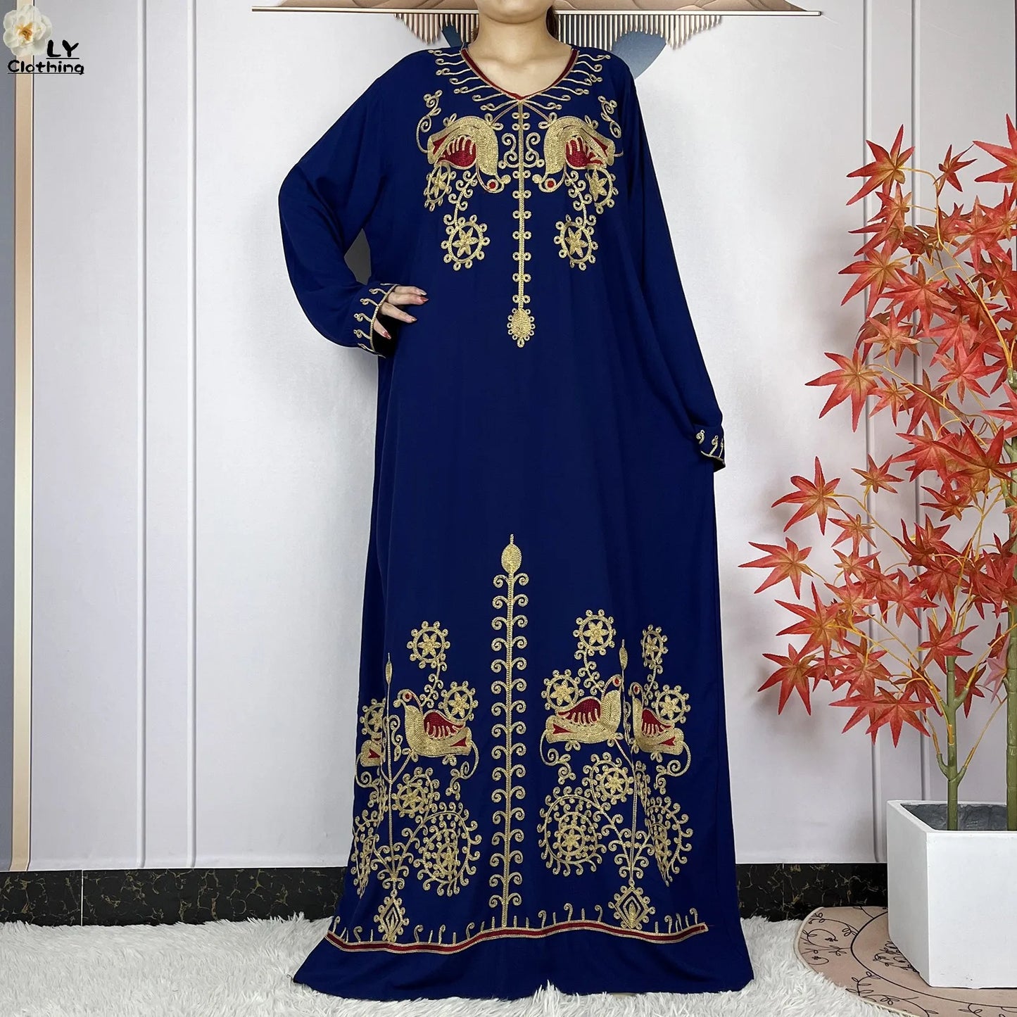Women Abaya Clothing Floral Embroidery Cotton Long Sleeved Dresses Loose Robe With Headscarf