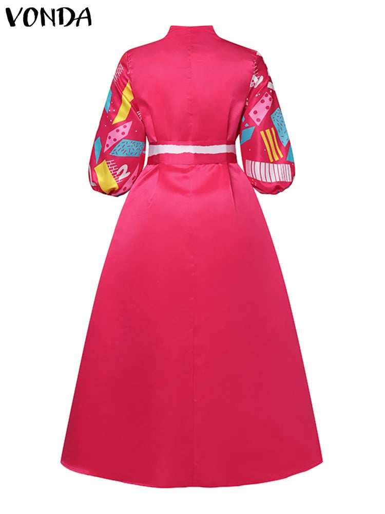 Plus Size VONDA Elegant Women Satin Dress V-neck Bohemian Ruffled Long Dress Floral Printed Puff Sleeve Casual Sundress Belted