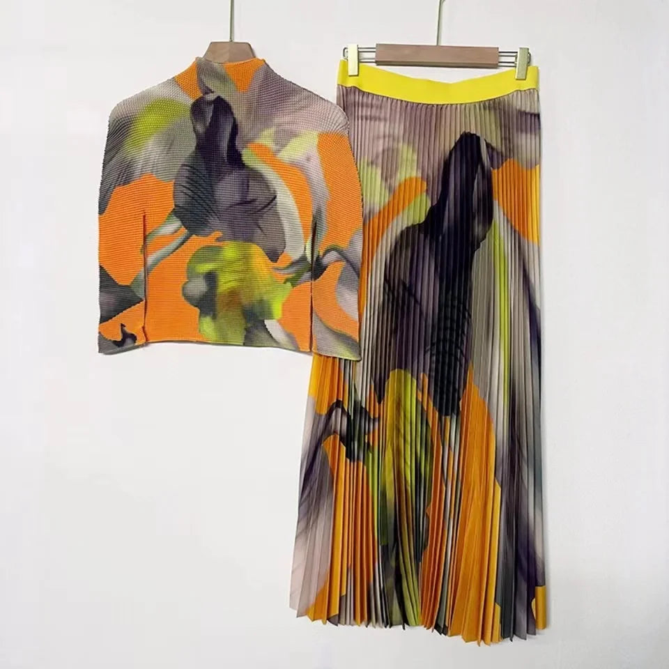 Pleated Suit Women Large Free Size Slim Casual Party Top and Skirt