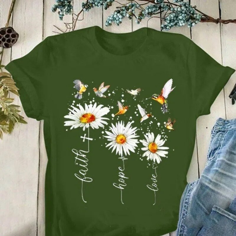 Faith Hope Love Daisy Print T Shirt Women Short Sleeve O Neck Loose