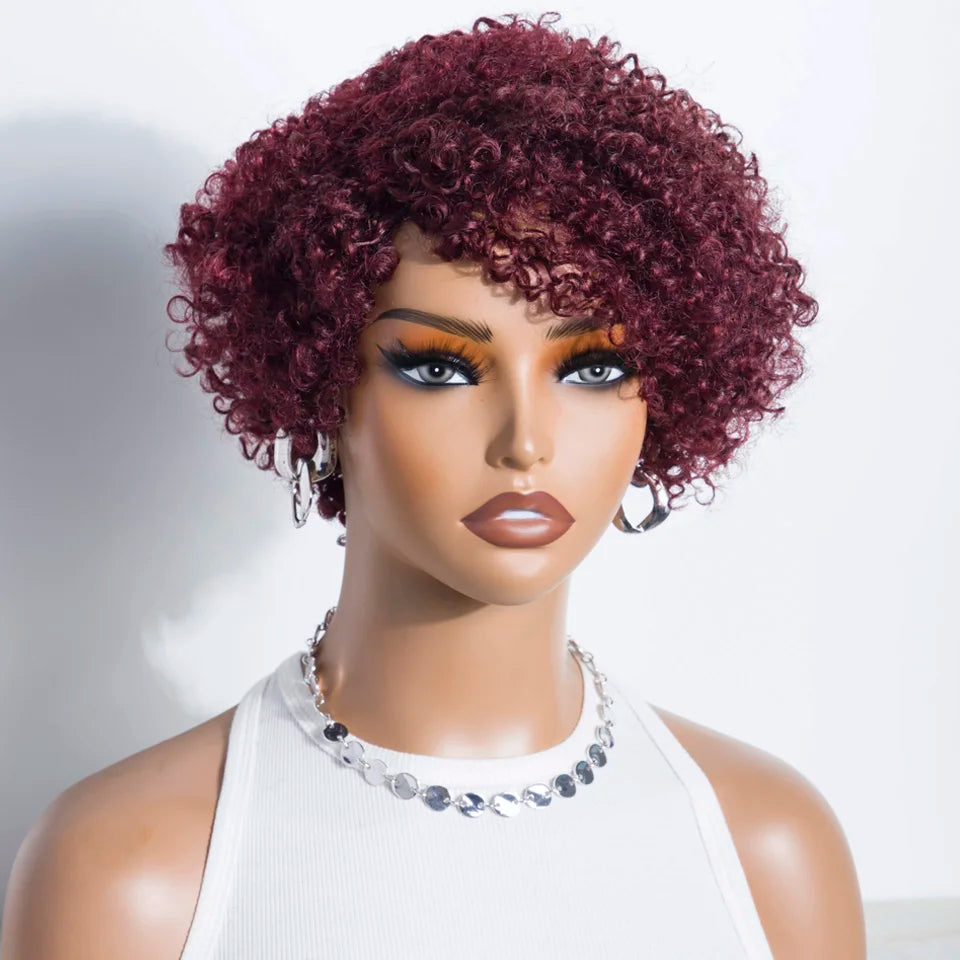 Lekker 99j Burg Red Short Pixie Cut Afro Kinky Curly Bob Human Hair Wigs For Women Brazilian Remy Hair Ready to Wear Colored Wig