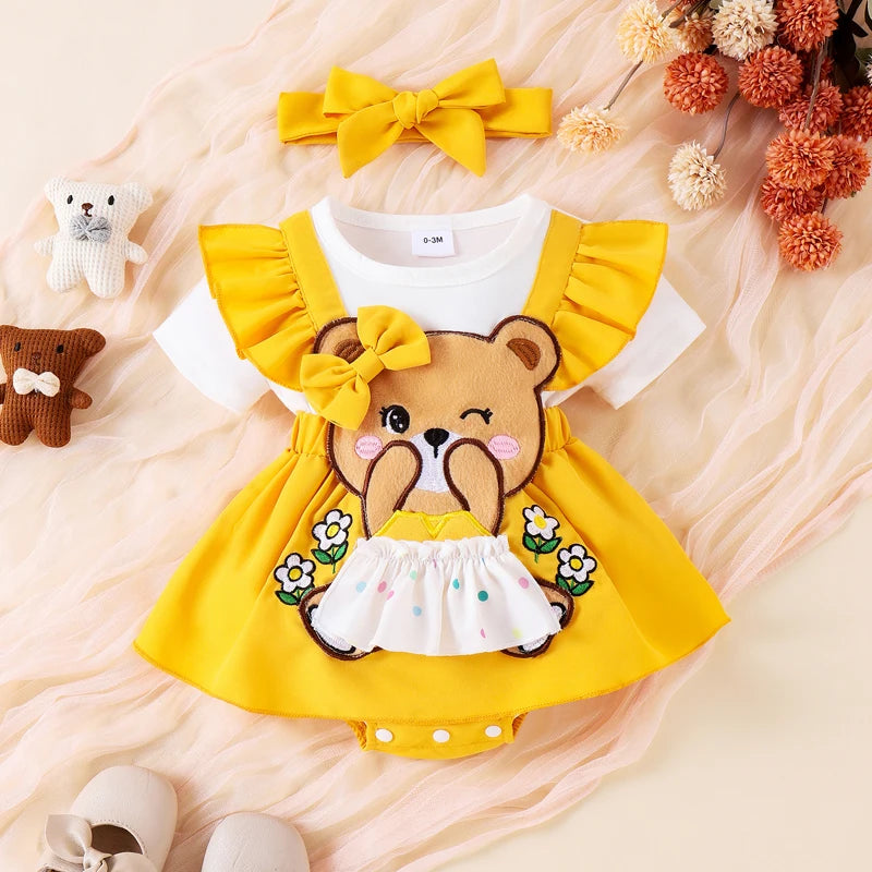 ma&baby 0-18M Newborn infant Toddler Baby Girls Romper Summer Cartoon Bear Embroidery Jumpsuit + Headband Outfits