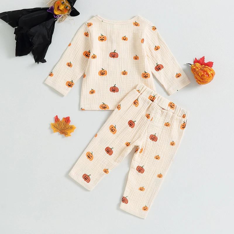 2PCS Toddler Girls Boys Halloween Clothes Cotton Linen Long Sleeve Pumpkin Print Button Tops Drawstring Pants Spring Fall Sets