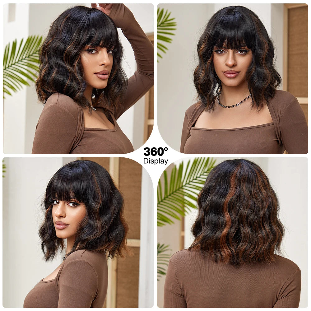 Short Wavy Synthetic Bob Wigs Dark Brown with Highlight Bangs