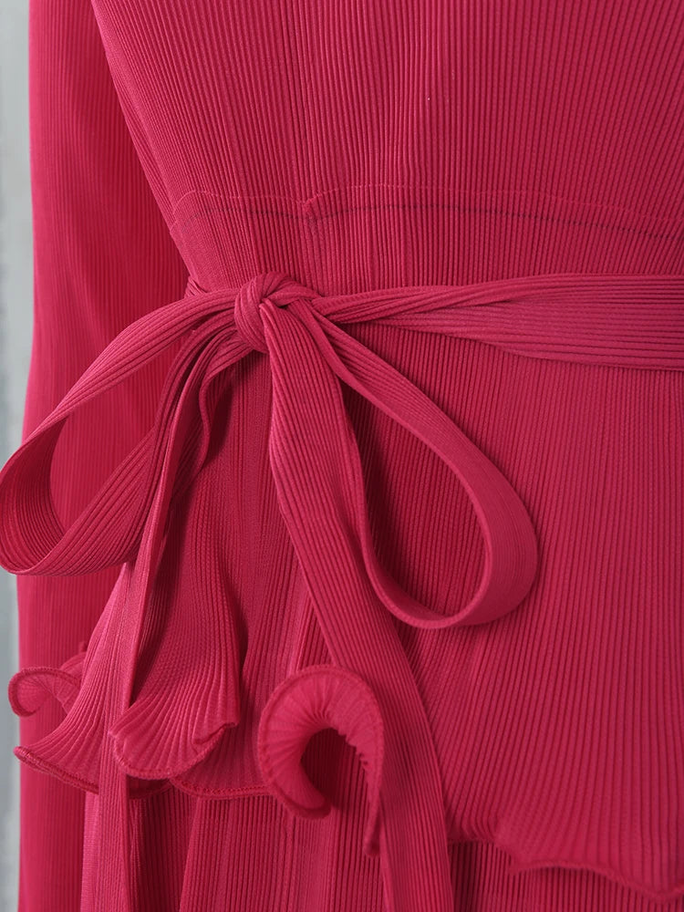 LANMREM Ruffles Pleated Dress For Women Lapel Long Sleeves Solid Color Elegant Dresses With Belt Female New Design 32A306