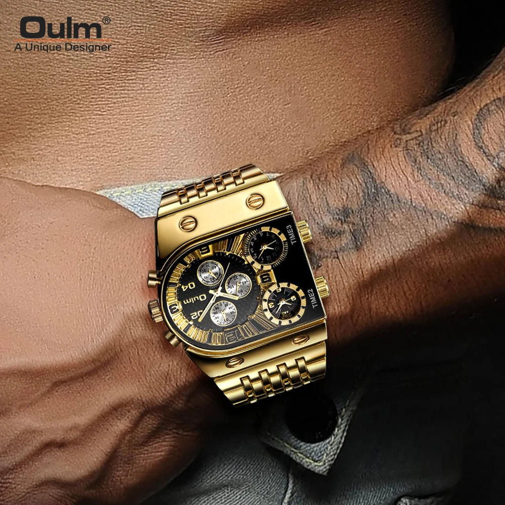 Oulm Unique Men Watch Square Gold Quartz Wrist Watch for Man Sports Multi-Time Zone Military Male Waterproof Relogio Masculino