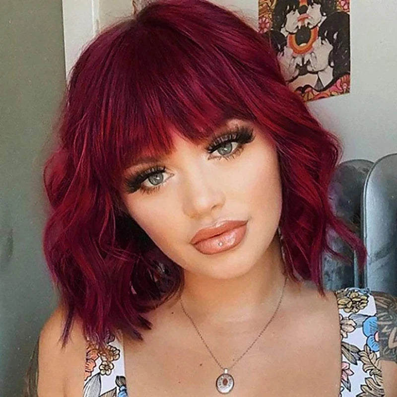 Women Wigs Curly Short Bob with Bangs Wine Red Heat Resistant
