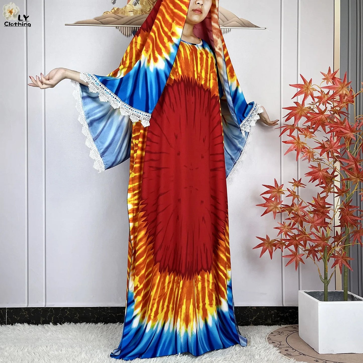 Women Short Sleeve Cotton Loose Femme Robe Dresses With Big Scarf