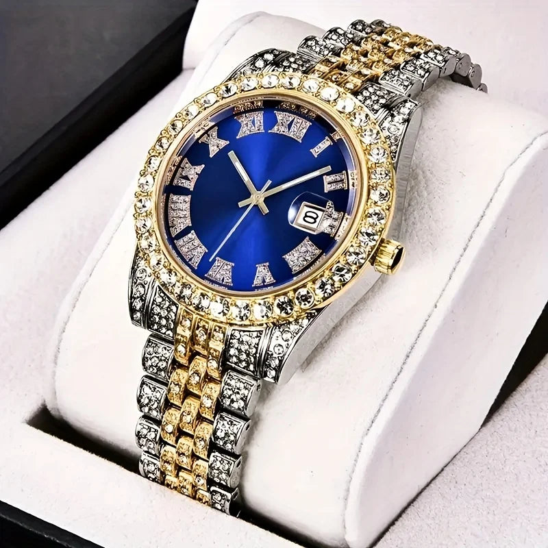 Mens Hip Hop Watch Quartz Timepiece with Oversized Rhinestone Dial and Durable Stainless Steel Band for Men