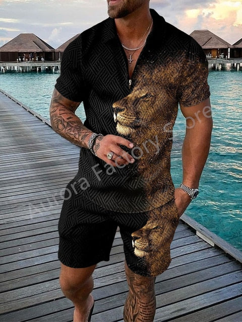 Summer Mens Polo Shirts with Short Sleeve 3D Trend Luxury Golf T Shirt Black Faashion Blouse Short Pants Tracksuit 2 Pieces Sets