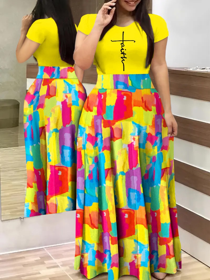 Slim Fit Round Neck Long Panel Printed Dress-party dresses-Top Super Deals-3-S-Free Item Online