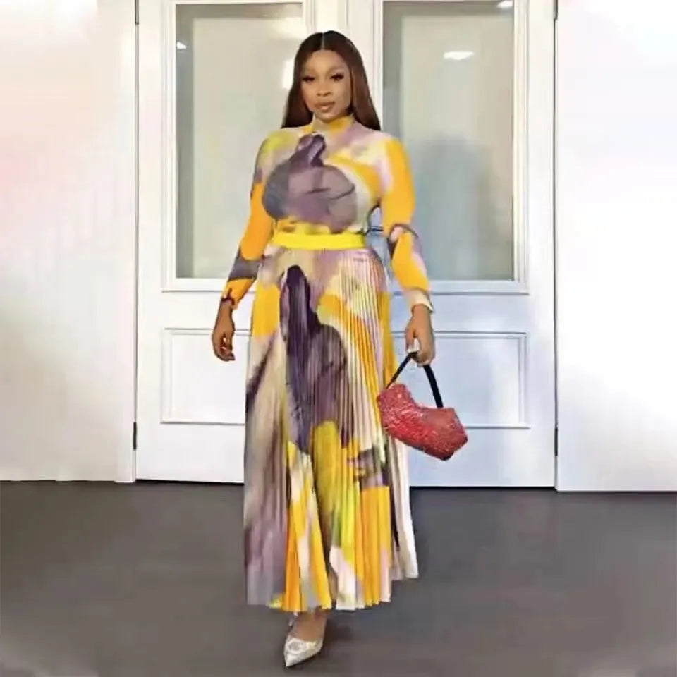 Pleated Suit Women Large Free Size Slim Casual Party Top and Skirt