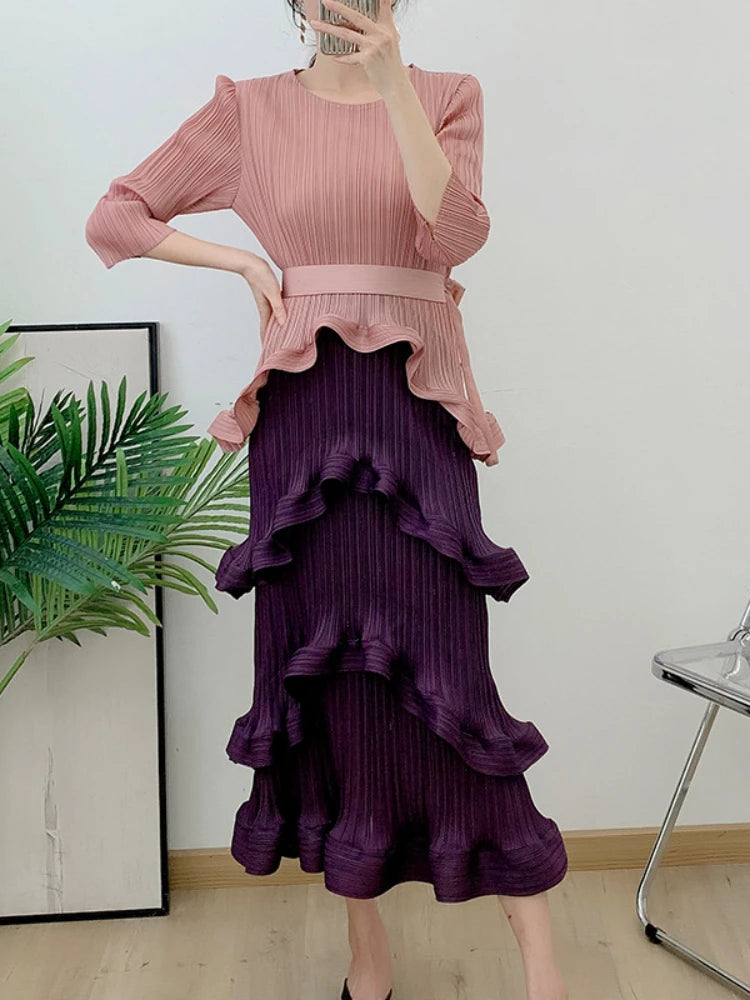 Color Block Patchwork Pleated Dress Women Elegant Round Neck Long Sleeves Belt Dresses