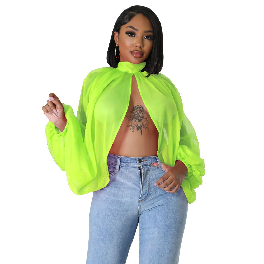 Summer Sexy Mesh Chiffon Shirt Women Perspective Gradient Printing Lace Up Split Irregular Shirt Women
