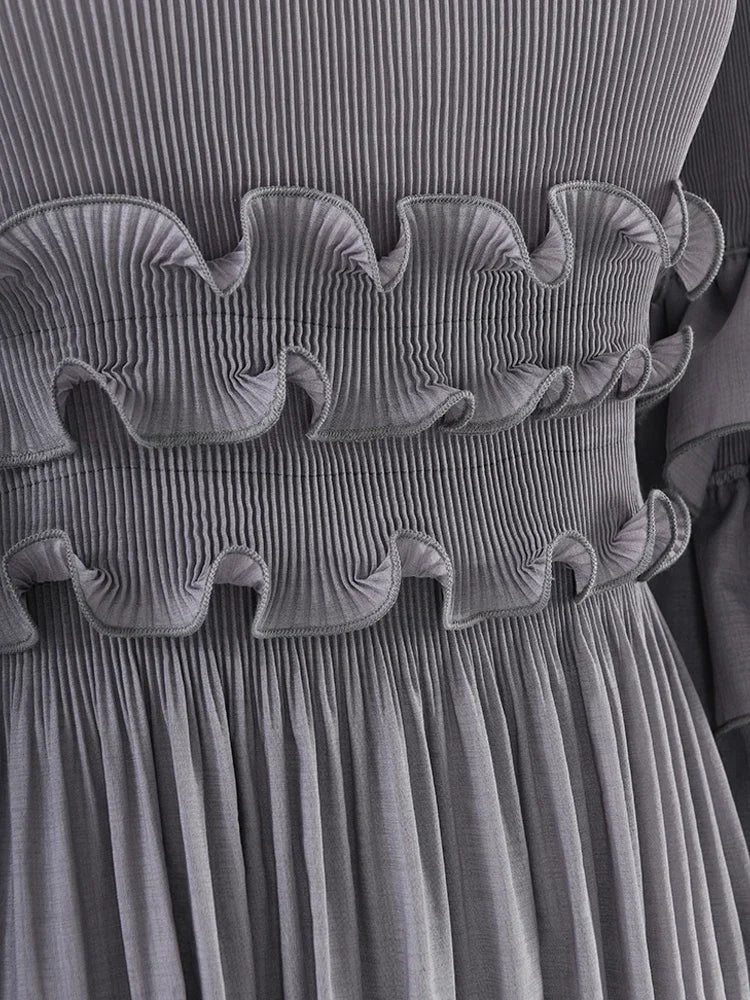 EGRM Fashion Pleated Miyake Dress O-Neck Long Sleeved Solid Color Party Dresses 2023 Autumn New Elegant Women's Clothing 8GR3519