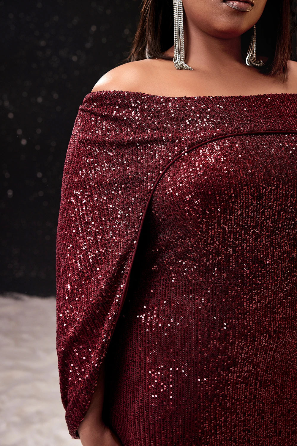 Women Plus Size Formal Dress Burgundy Cape Off The Shoulder Sequin Wedding Guest Cocktail Slim Elegant Maxi Dresses 2024