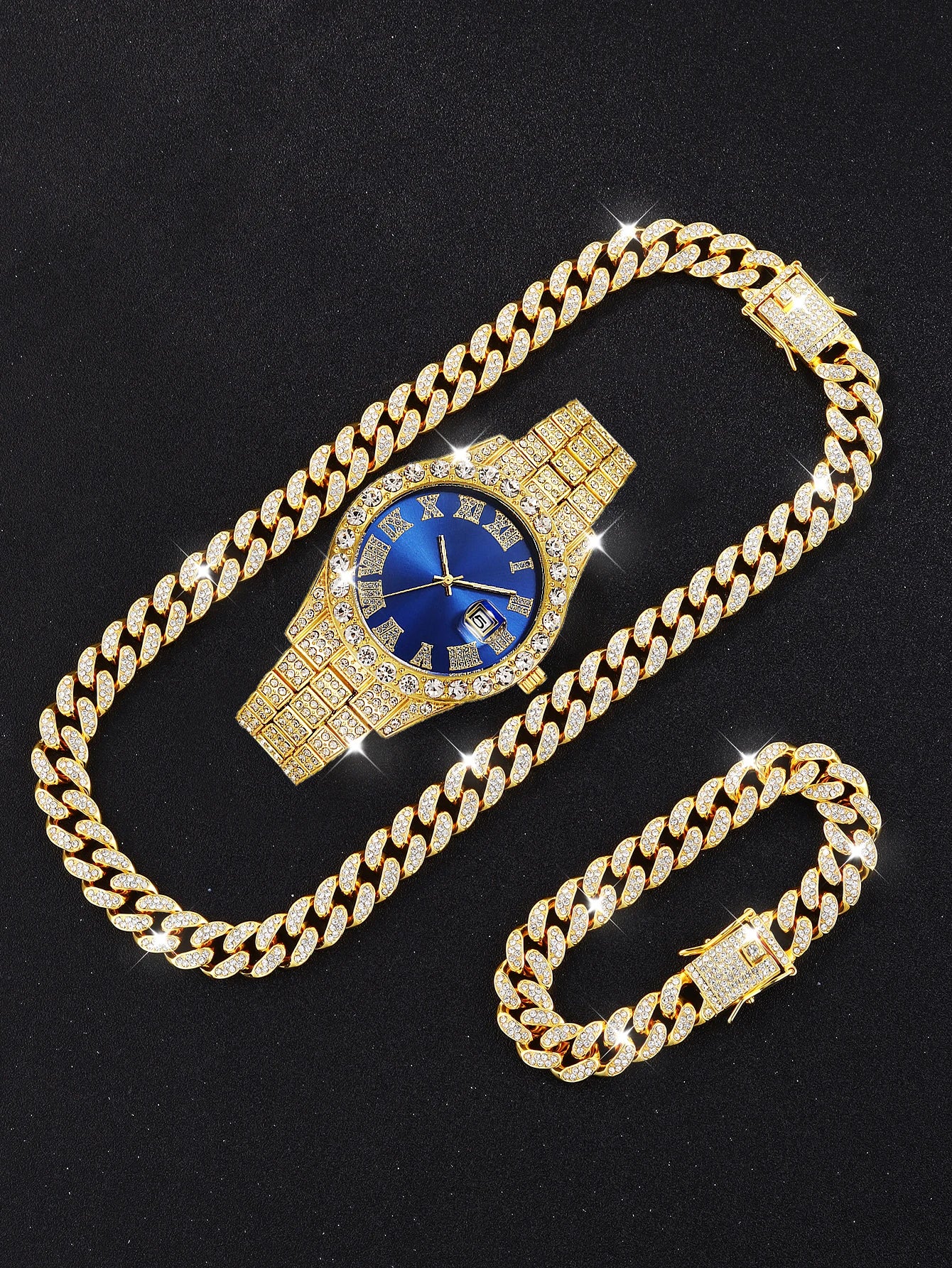3PCS luxury alloy full diamond rhinestone mirror men's quartz watch with calendar and Hip Hop Cuban Necklace bracelet set