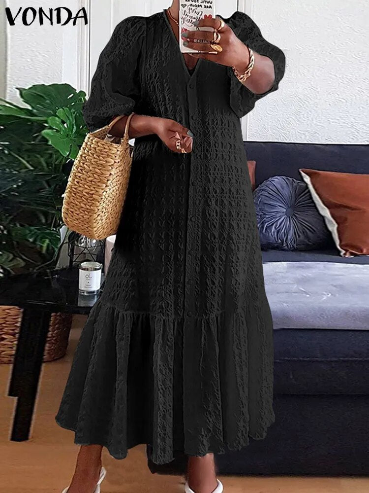 Women Shirt Dress Sexy V Neck Buttons Half Sleeve Long Maxi Bohemian