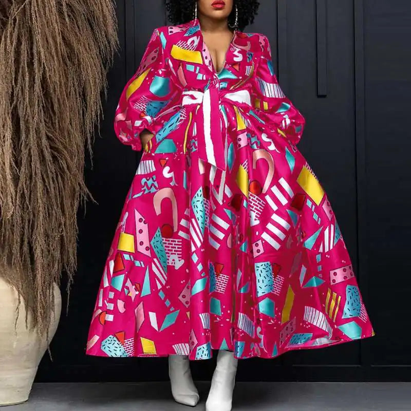 Plus Size VONDA Elegant Women Satin Dress V-neck Bohemian Ruffled Long Dress Floral Printed Puff Sleeve Casual Sundress Belted