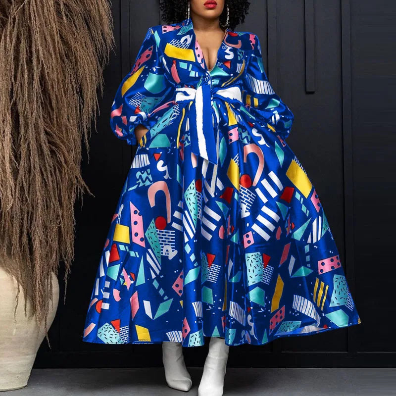 Plus Size VONDA Elegant Women Satin Dress V-neck Bohemian Ruffled Long Dress Floral Printed Puff Sleeve Casual Sundress Belted
