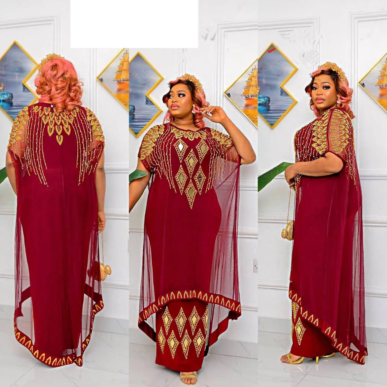 Two-Piece Dresses Women Mesh Caftan Abaya Robe Clothes