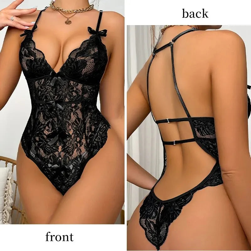 Women's Lace Flower Embroidery Sleeveless Camisole Jumpsuit Women's V-Neck Camisole Bow Decoration Backless Jumpsuit