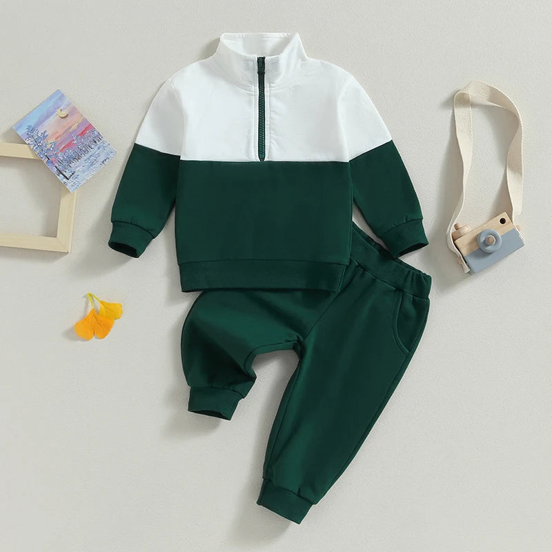 Toddler Girl Boy Fall Clothes Contrast Color Long Sleeve Half Zipper Sweatshirt Tops Elastic Waist Pants 2Pcs Tracksuit Outfit