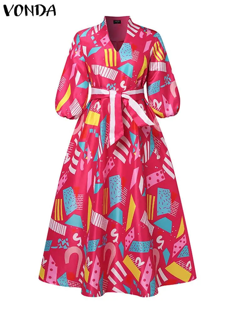 Plus Size VONDA Elegant Women Satin Dress V-neck Bohemian Ruffled Long Dress Floral Printed Puff Sleeve Casual Sundress Belted