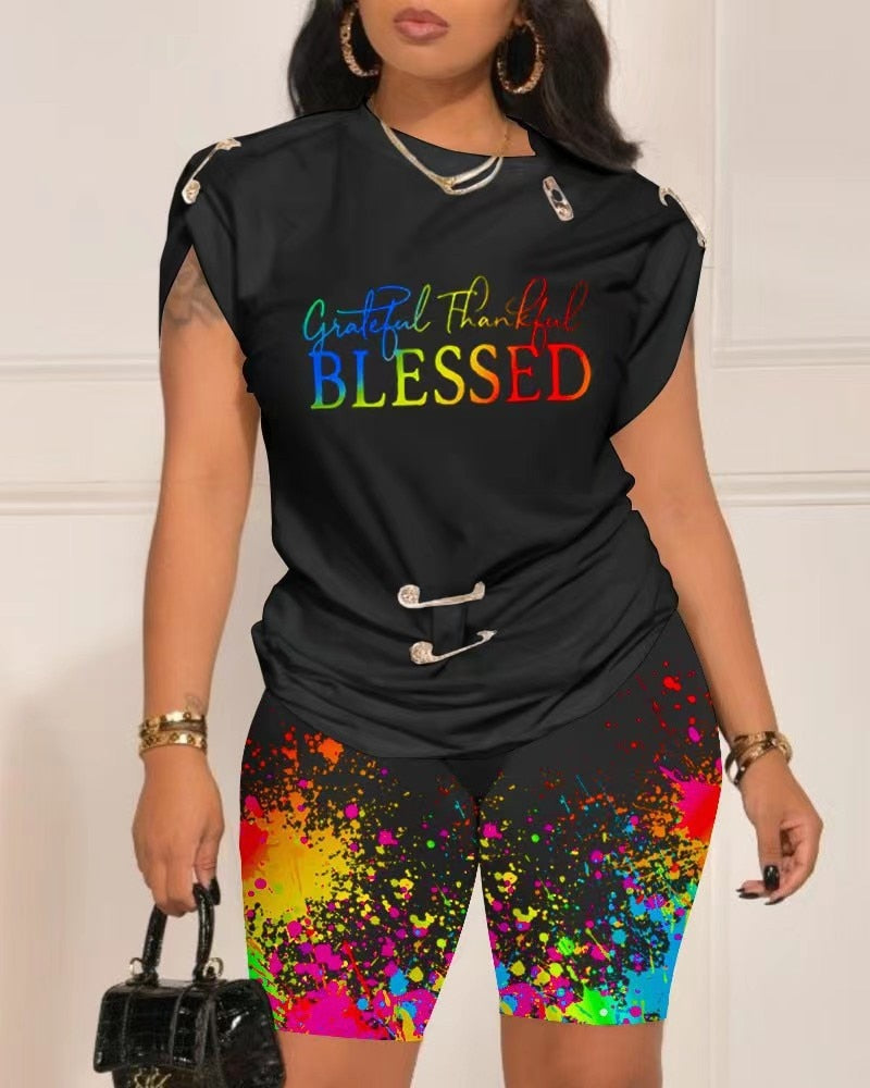 Tops Sets Casual 2-piece Summer Fashion Pin Print T-shirt Shorts