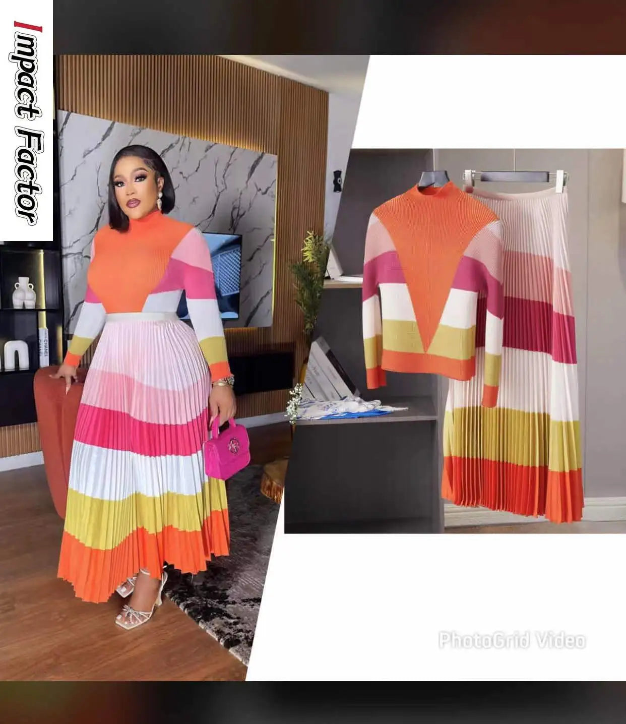 Miyake Pleated Women's 2023 New Printed Corn Pleated Long Sleeve Temperament Slim Fit Top+Loose Versatile Women's Half Skirt Set