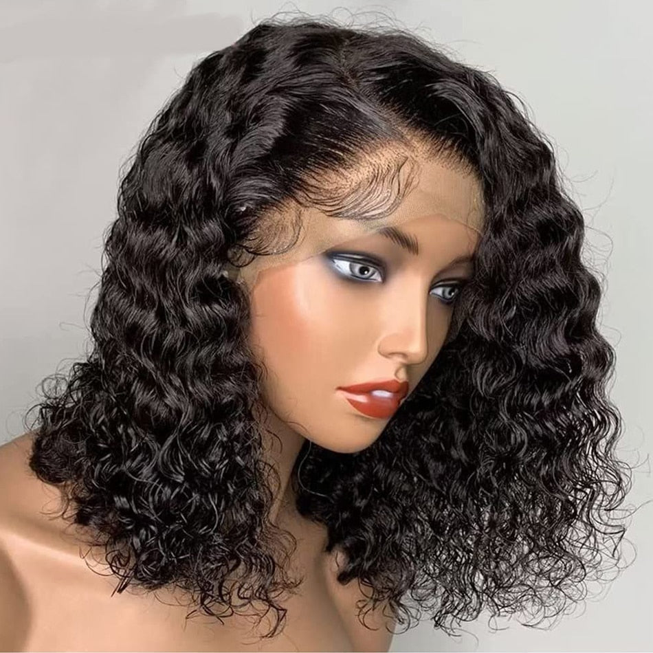 Bob Lace Wig Curly Women Deep Water Curly Wave Human Hair Short Lace Frontal T Part Wig