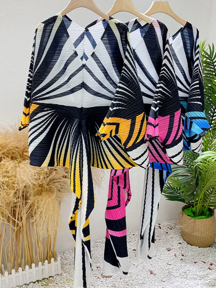 Zebra Stripes Pleated Dress Women Batwing Sleeves V Neck Long Length Party Dresses