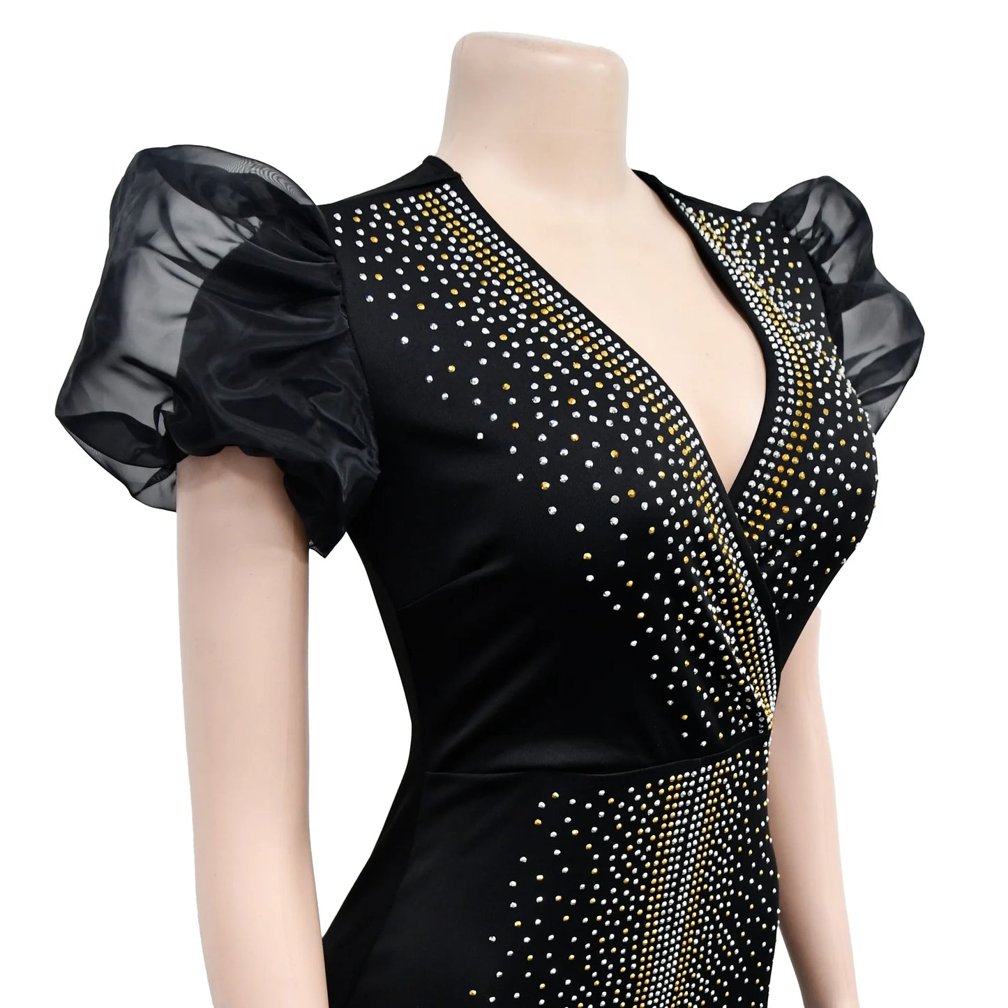 2023 Women Luxury Diamonds Hot Drill Wrap V-neck Puff Short Sleeve Bodycon Midi Maxi Dress Sexy Night Club Birthday Vestidos