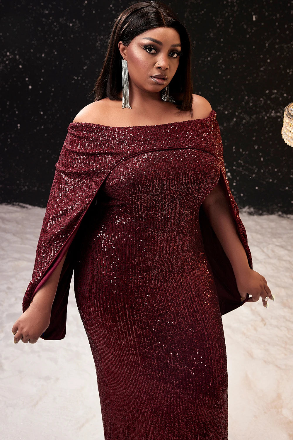 Women Plus Size Formal Dress Burgundy Cape Off The Shoulder Sequin Wedding Guest Cocktail Slim Elegant Maxi Dresses 2024