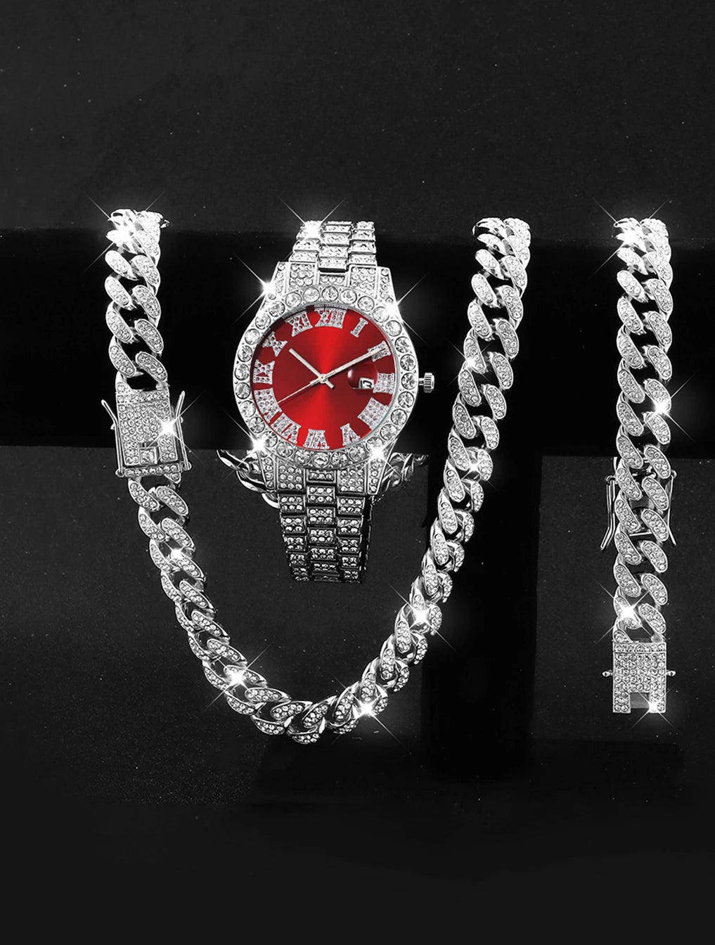 3PCS luxury alloy full diamond rhinestone mirror men's quartz watch with calendar and Hip Hop Cuban Necklace bracelet set