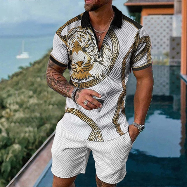 Summer Mens Polo Shirts with Short Sleeve 3D Trend Luxury Golf T Shirt Black Faashion Blouse Short Pants Tracksuit 2 Pieces Sets