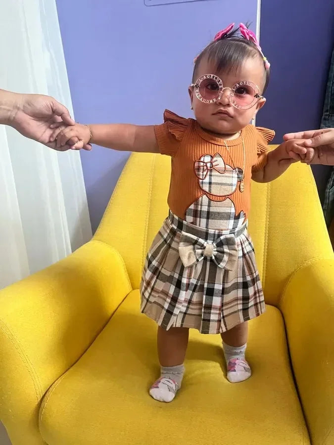 3PCS Newborn Baby Girl Summer Clothes Set Knitted Short Sleeve Romper Bodysuit Tops + Short Skirts with Bow Headband Outfits