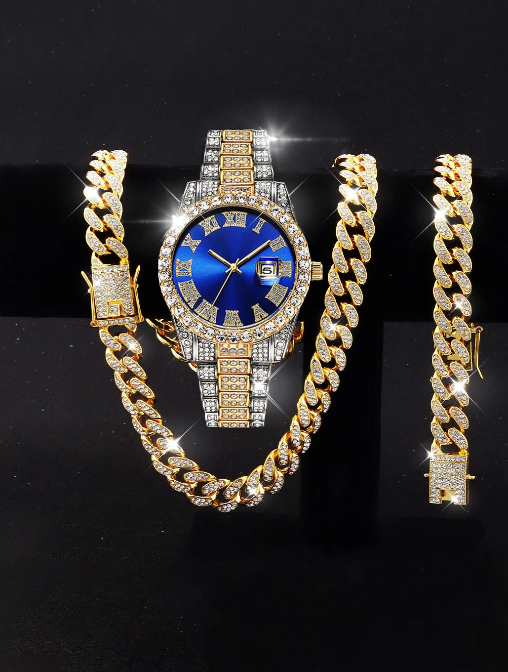 3PCS luxury alloy full diamond rhinestone mirror men's quartz watch with calendar and Hip Hop Cuban Necklace bracelet set