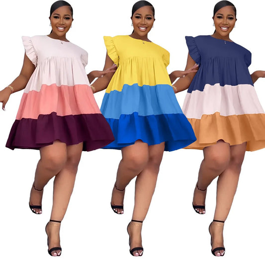 plus size Round Neck Ruffled Sleeve Contrast Panel Swing Loose Women's Dress