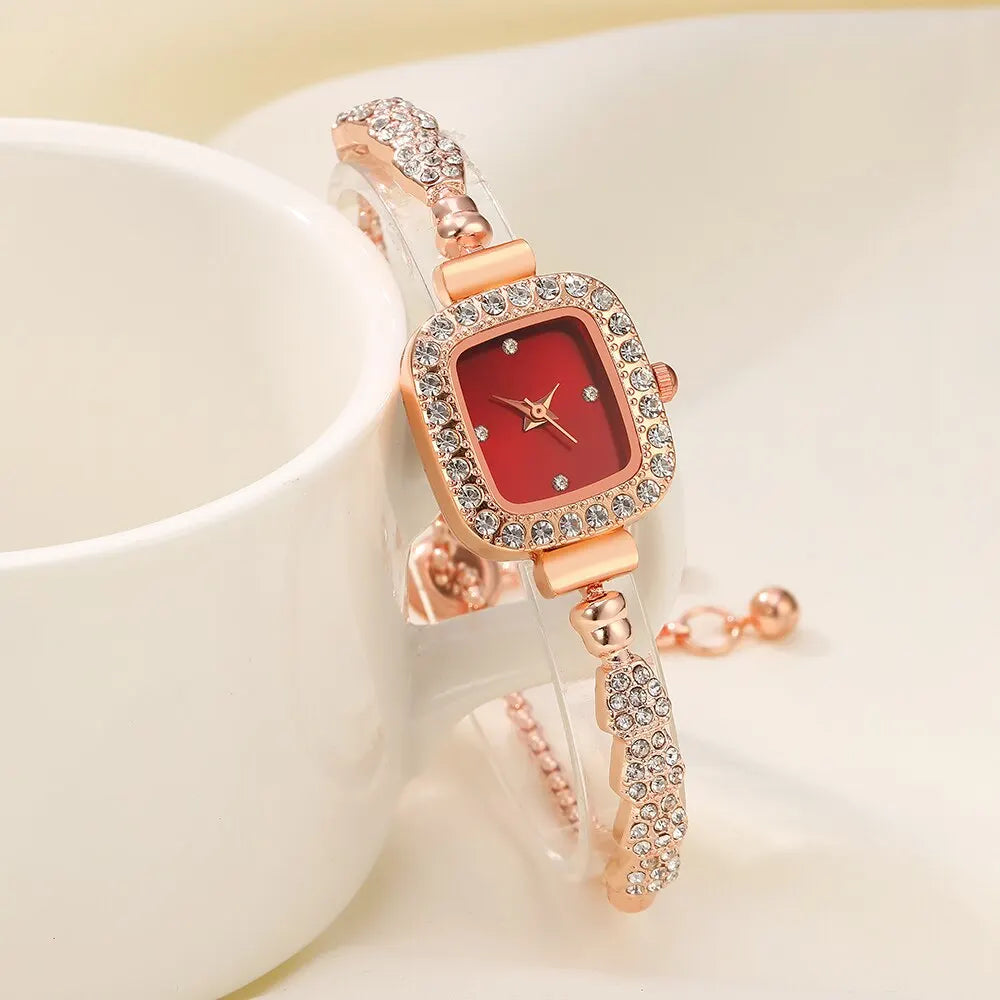 5PCS Set Luxury Square Watch Women Ring Necklace Earring No Box Included