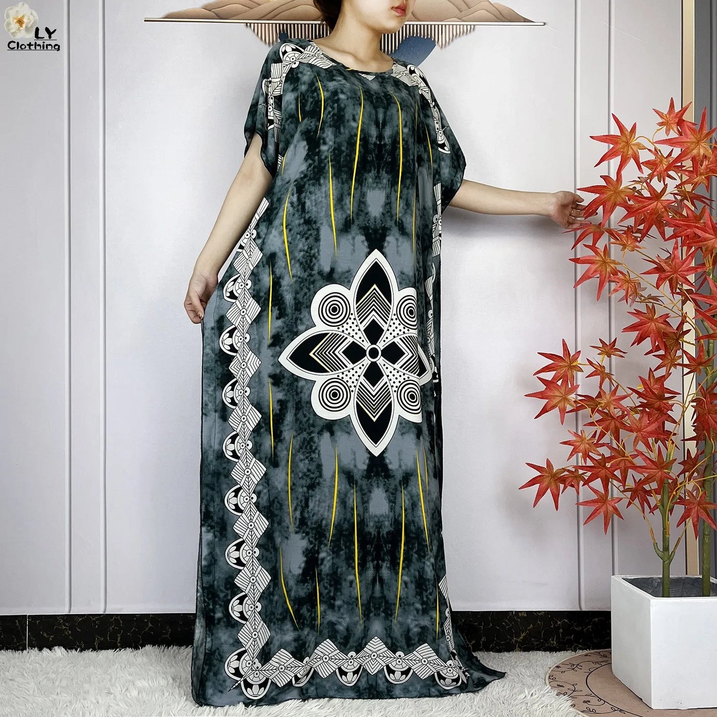 Women Short Sleeve Cotton Loose Femme Robe Dresses With Big Scarf
