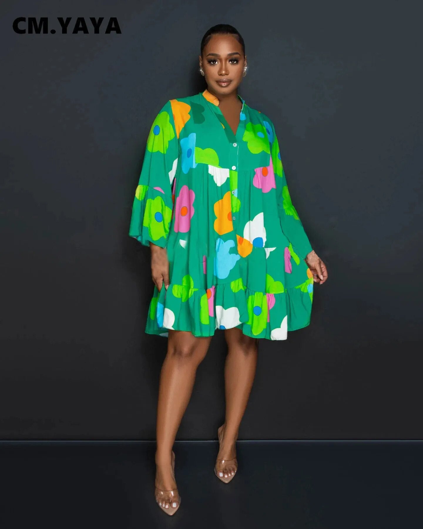 Women Floral Printed Lantern Long Sleeve Single Breasted Loose Shirt Style Babydoll Dress