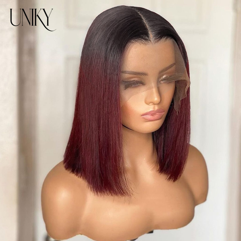 Straight Short Bob Human Hair Wig For Women Blunt Cut Bone Straight Lace Frontal Wigs Burgundy 99J Lace Front Bob Wig Straight