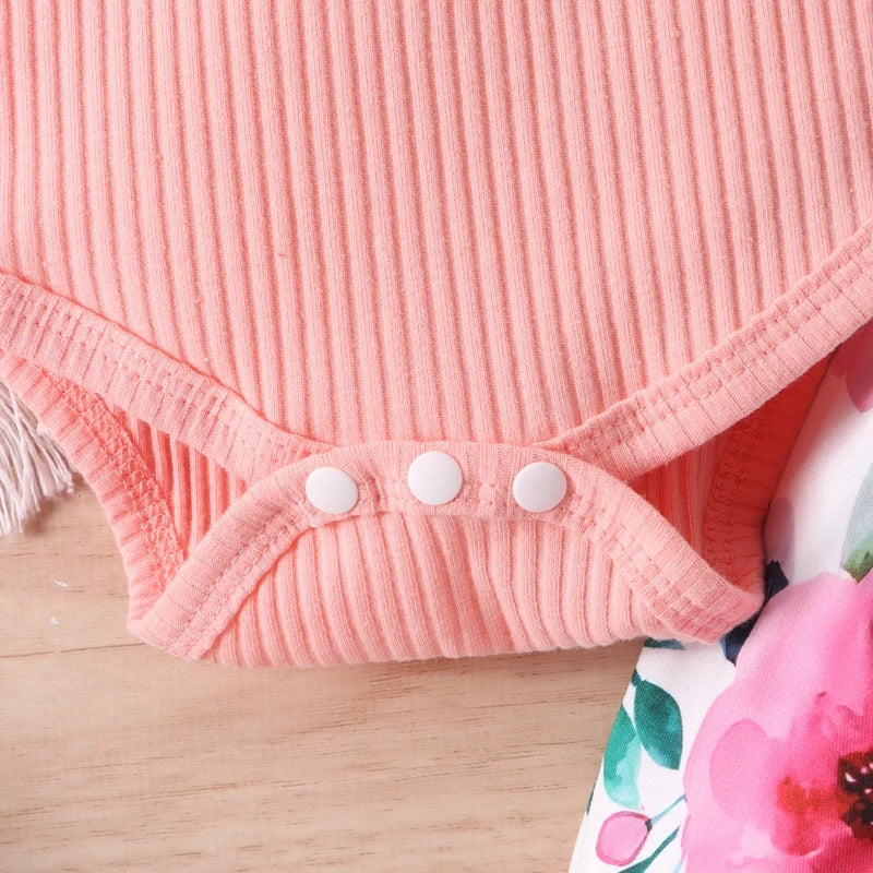 Baby Girl Fall Outfits Floral Lace Rib Knit Ruffle Long Sleeve Rompers Flower Print Pants Bow Headband 3Pcs Clothes Set