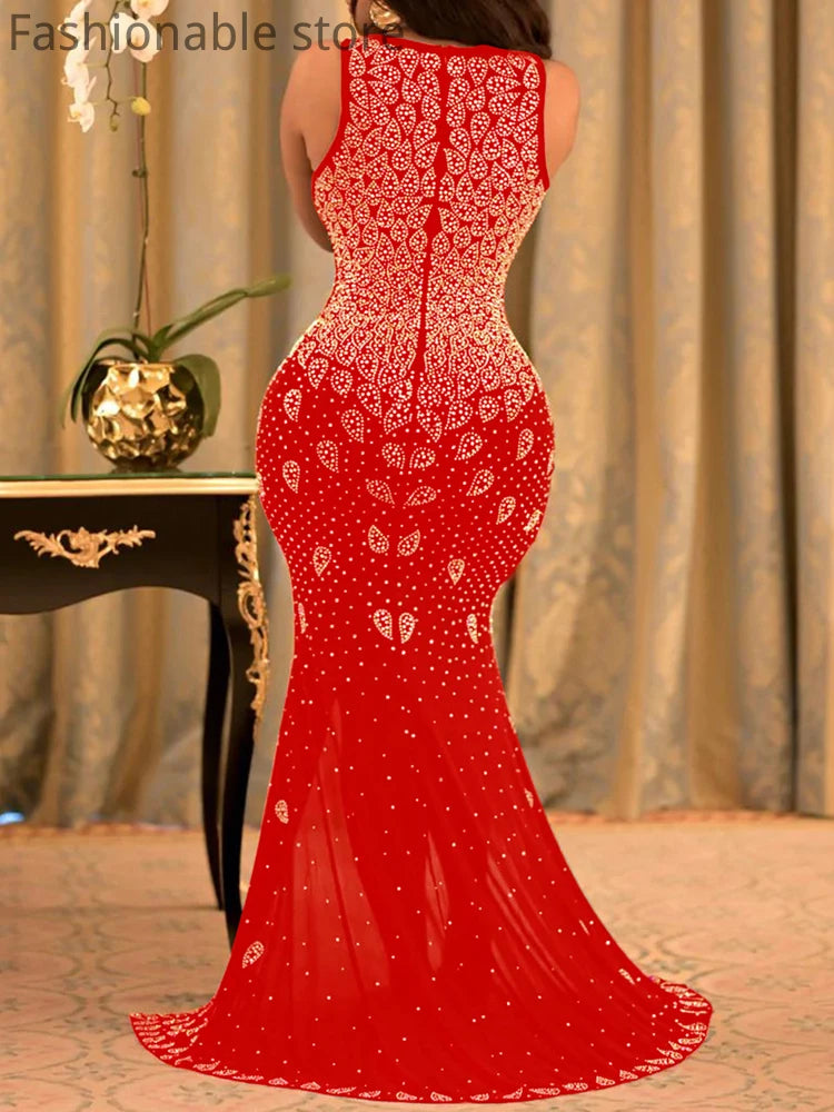 Women Sexy V-Neck Sheer Mesh Rhinestone Decor Tight Mermaid Dress