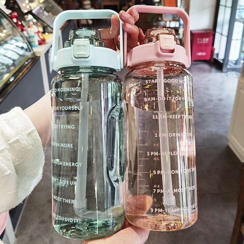 2 Liter Water Bottle with Straw Female Girls Large Portable Travel Bottles Sports Fitness Cup Summer Cold Water with Time Scale